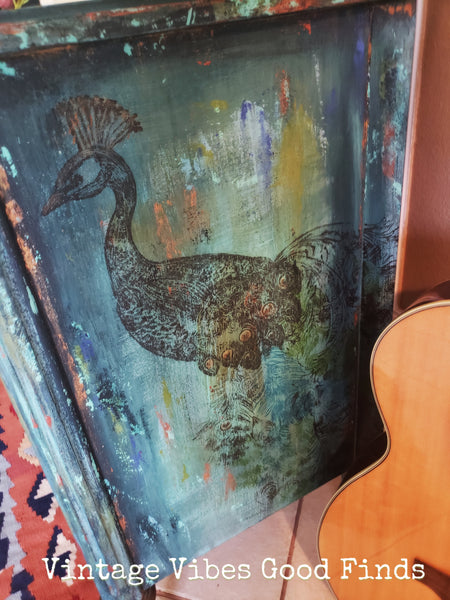 *** SOLD *** Vintage Hand Painted Bohemian Peacock Night Stand