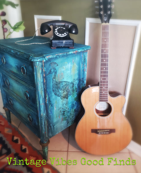 *** SOLD *** Vintage Hand Painted Bohemian Peacock Night Stand