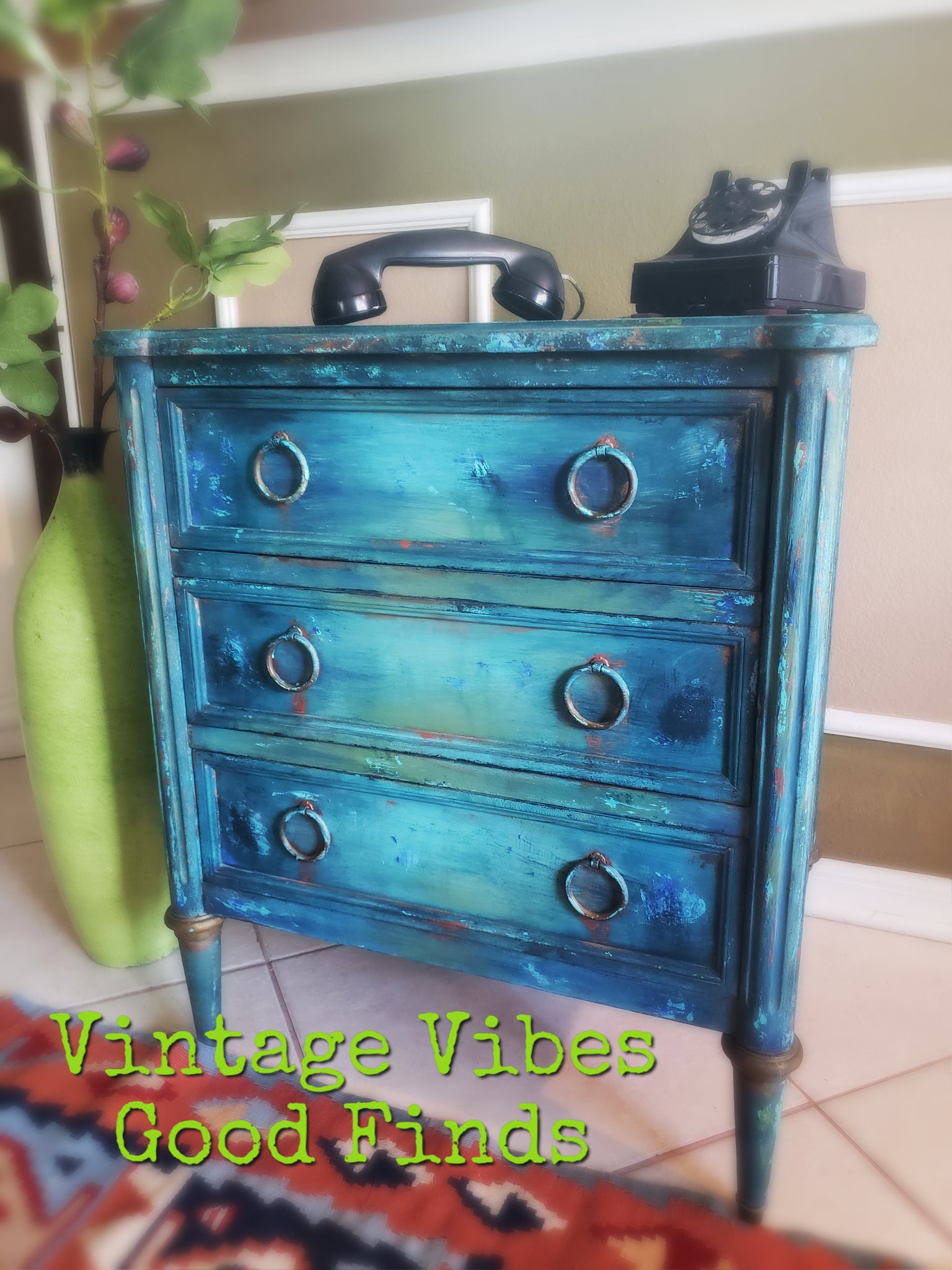 *** SOLD *** Vintage Hand Painted Bohemian Peacock Night Stand
