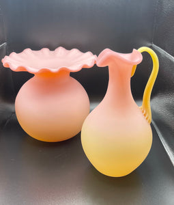 XL Thomas Webb Victorian Burmese Uranium Satin Glass Vase & Pitcher
